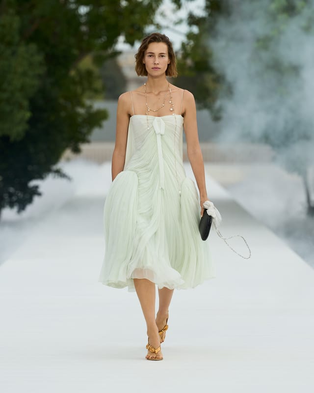 Dior Summer 2027: Pale mint sculptural dress