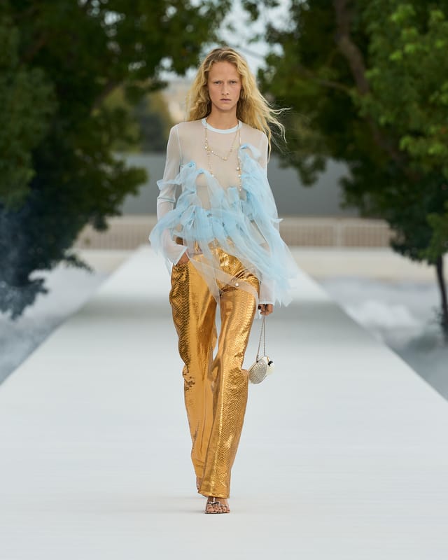 Dior Summer 2027: Powder blue embellished top and gold trousers