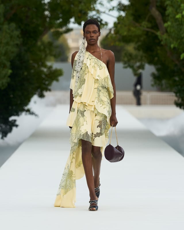 Dior Summer 2027: Yellow asymmetric floral dress